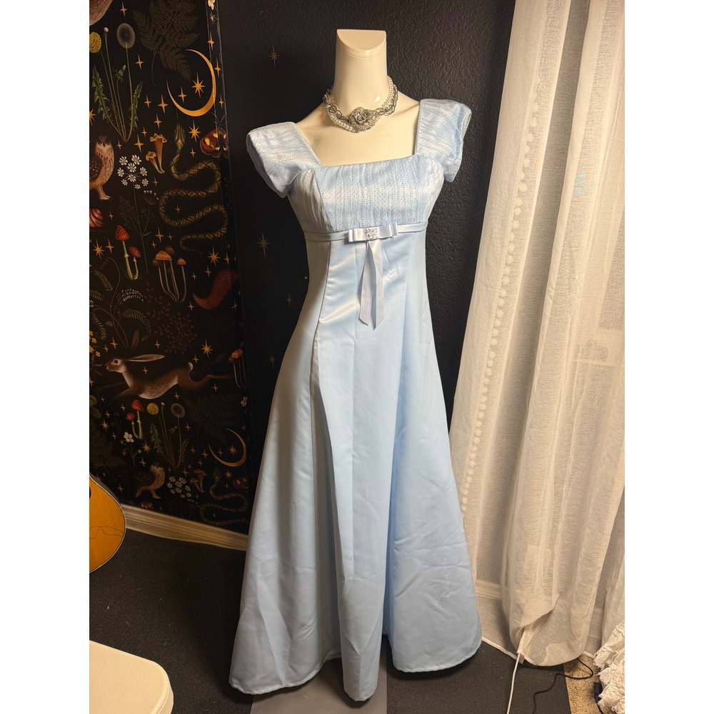 Vintage Light Blue Empire Waist Maxi Dress Glitter Bodice Prom Gown Formal